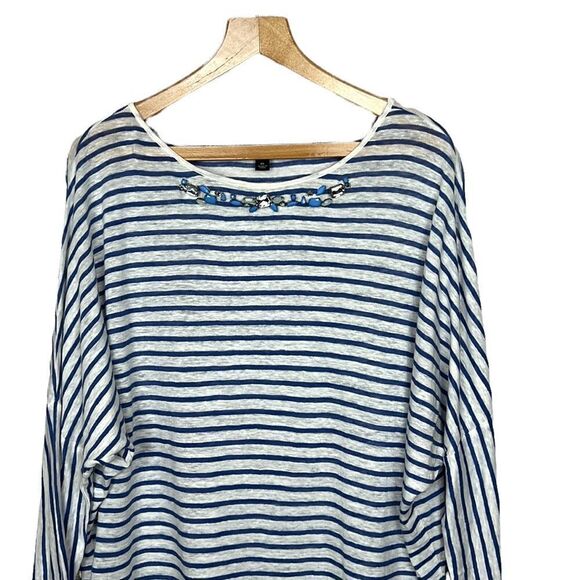 Ann Taylor Jewel Collar Striped 100% Linen Dolman Sleeve Top - Picture 2 of 12